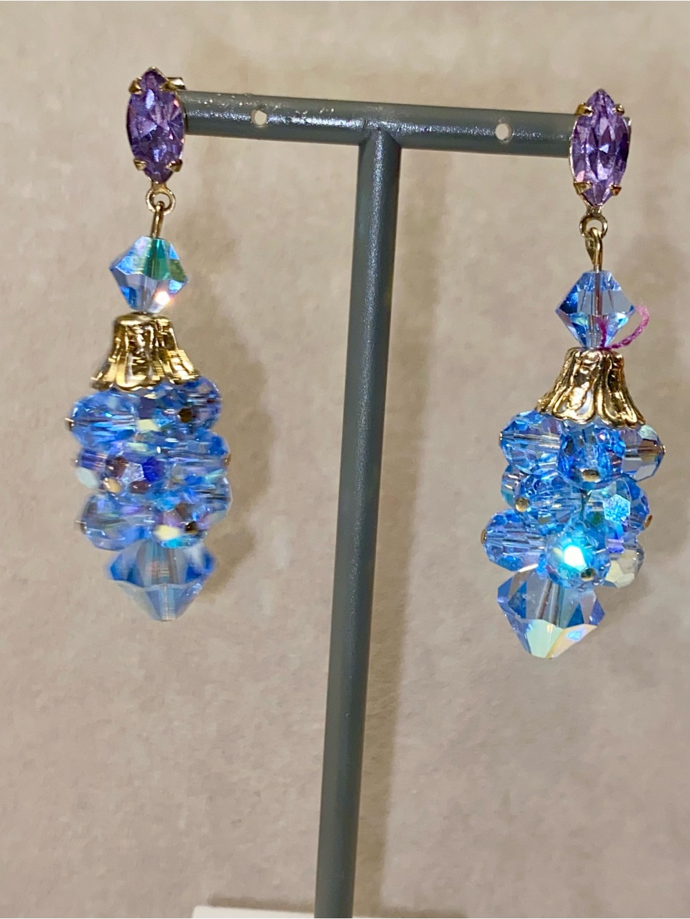 1960s Gold-Tone Blue Crystal Cluster Drop Earrings
